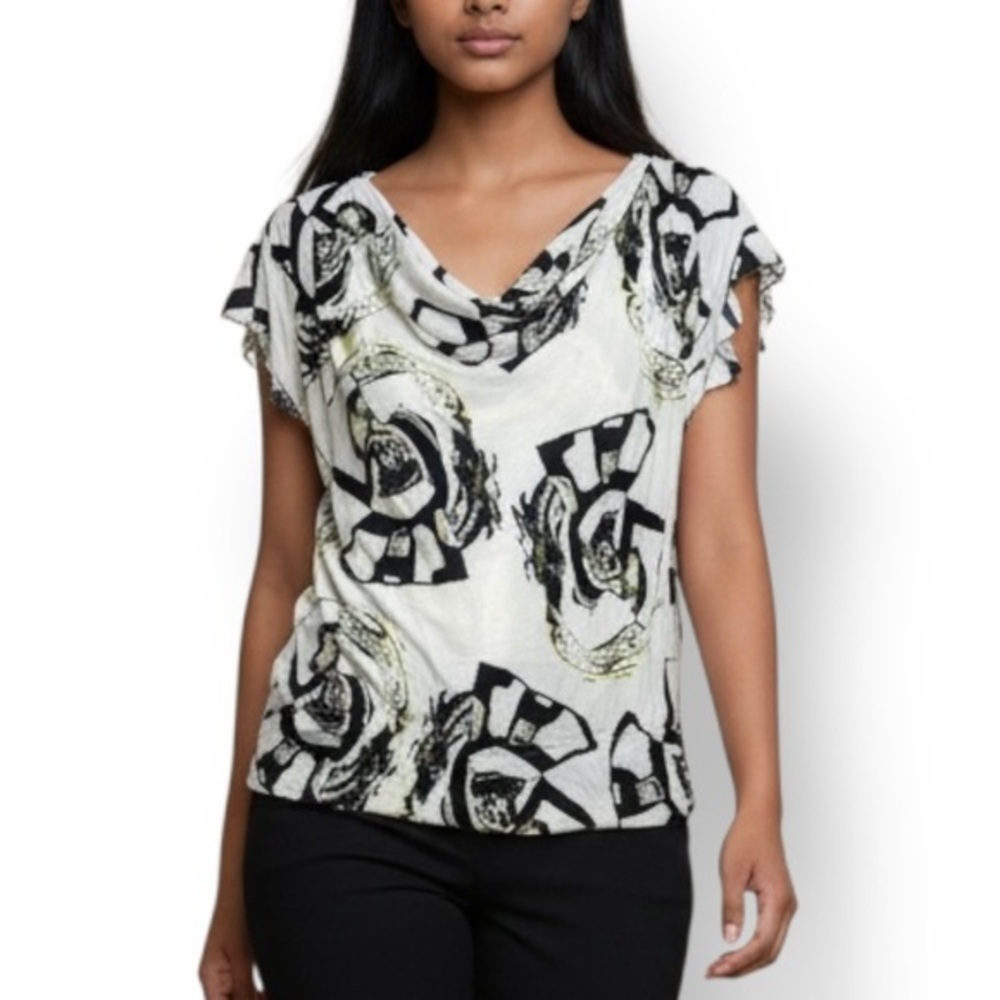 4/$20 Kenneth Cole New York 100% Silk Abstract Print Cowl Neck Blouse Size 2